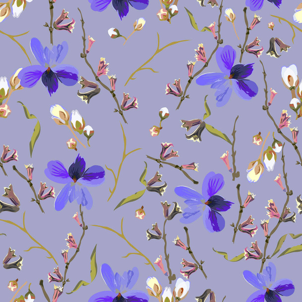花抽象的なシームレスベクトル分離パターン。青を基調としたトレンディーなオーガニックアートスタイル。背景、織物、壁紙、ポストカード、陶器のデザインのための春、夏のフィールドプラント - ベクター画像