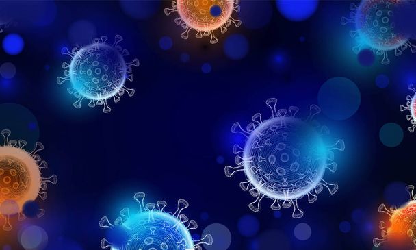 Dunkler Hintergrund mit Bakterien und der Aufschrift Coronavirus COVID-2019 auf einem blauen abstrakten Bokeh-Licht-Hintergrund-Vektordesign . - Vektor, Bild