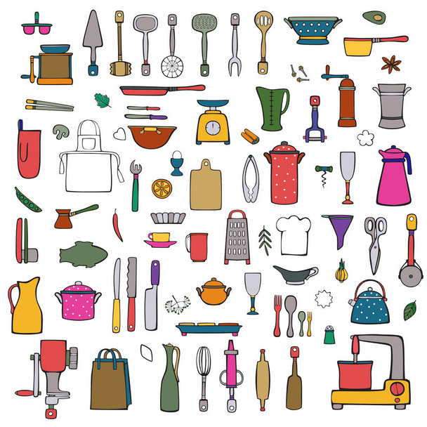 Vector set  of kitchen and cook  utensils, spices, cap of the chef. Bright color icons isolated on white background. Hand drawings in cartoon style. - Διάνυσμα, εικόνα