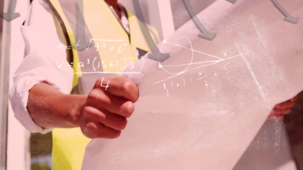 Animation of mathematical equations floating with red arrows going down over Caucasian male worker looking at a file of papers.  - Felvétel, videó