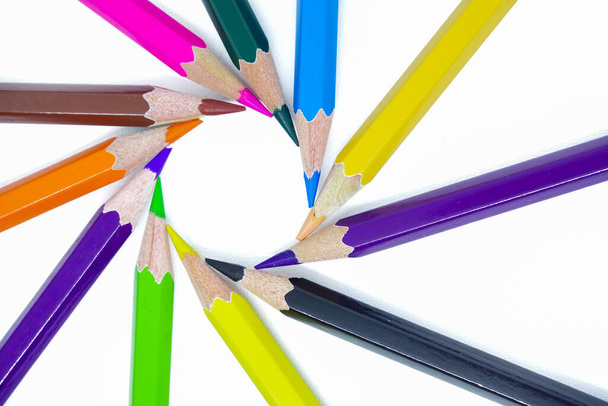 Circle of colour pencils isolated on white background  - Photo, Image
