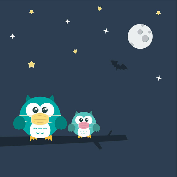 Chouettes mignonnes et Owlet personnage portant un masque médical debout sur la branche sur fond bleu nuit. Coronavirus (COVID-19) Illustration vectorielle. - Vecteur, image