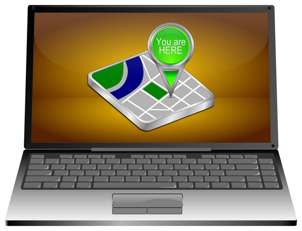 Computer portatile con verde Sei qui Mappa Indicatore sul desktop arancione - Illustrazione 3D - Foto, immagini