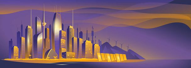 Città dei futuri grattacieli all'alba. Città sullo sfondo delle montagne con generatori eolici e pannello solare. - Vettoriali, immagini