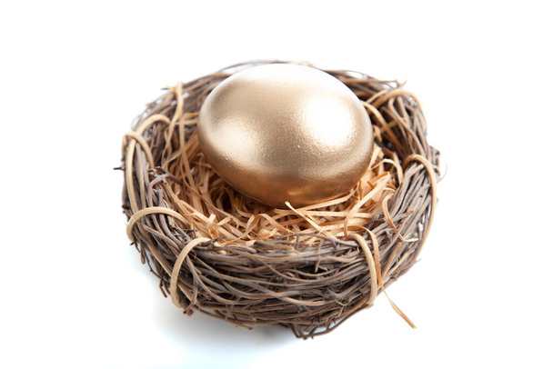 A Golden egg in nest on white background - Foto, imagen