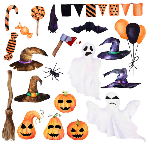 Watercolor Halloween set. Hand painted pumpkins with face, sweets, fancy witch's hats, witch broom, axe, ghosts, spider, bat. Isolated object on the white background. - Fotografie, Obrázek