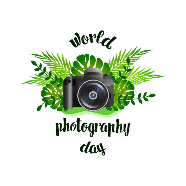 World photographers day. Camera image on a background of leaves. - Vektor, obrázek