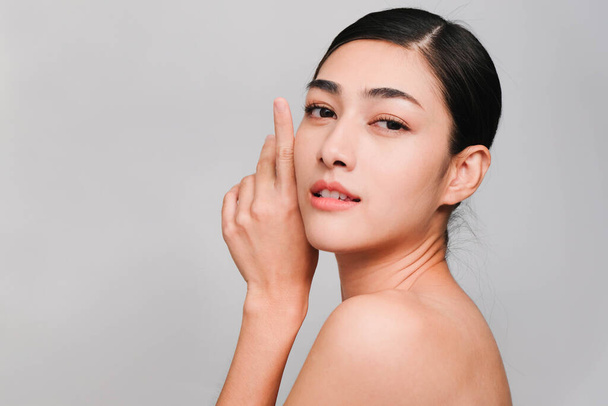 Side Face of Young beautiful asian woman with clean, fresh and bright skin, Happiness and cheerful with positive emotional,isolated on gray background,Beauty Cosmetics and Facial treatment Concept - Φωτογραφία, εικόνα