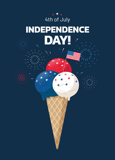 Independence Day greeting card or poster design with ice cream illustration, american flag and holiday fireworks on blue background. Fourth of July. - Vector - Вектор,изображение