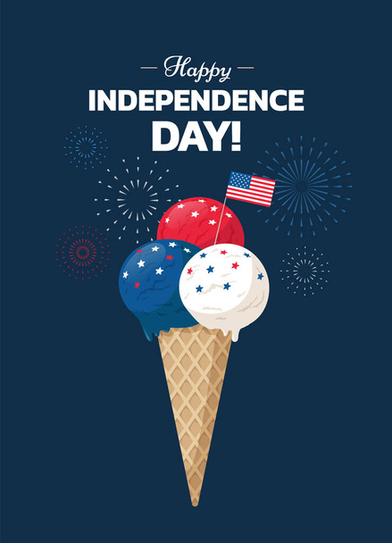 Happy Independence Day! Poster design with Ice cream cone and USA flag on blue background with holiday fireworks. - Vector illustration - Vetor, Imagem