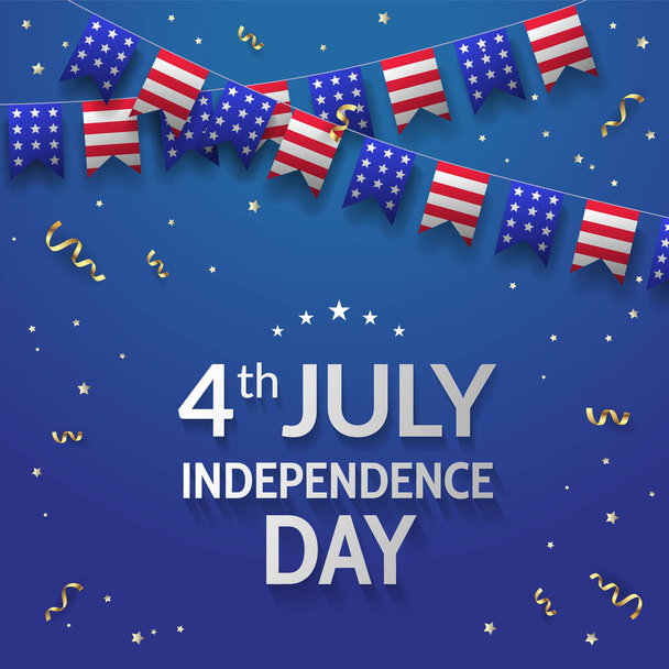 Independence Day greeting banner design template with american flags and confetti on blue background. 4th July. - Vector - Vector, Imagen