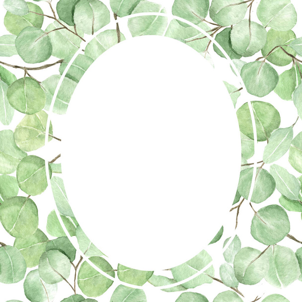Oval watercolor eucalyptus frame on white background, hand drawn illustration for your design - Foto, afbeelding
