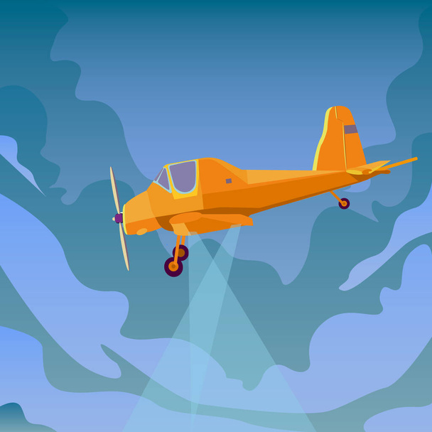 Flugzeuge fliegen in den Himmel. Düsenflugzeuge fliegen in Wolken, Flugzeuge reisen und Ferienflugzeuge. Luftbild eines flachen Vektors. Landwirtschaftliches Flugzeug in den Wolken. Blauer Himmel. Das Flugzeug, das die Erde bewässerte - Vektor, Bild