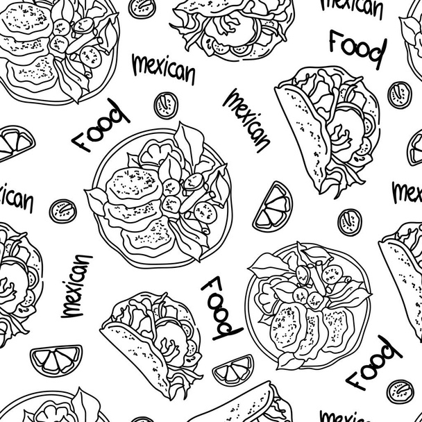 varastossa vektori saumaton kuvio meksikolainen ruoka doodl tyyliin. Meksikon kansallinen perinteinen ruoka litteä kuvake valmistettu kuvio. Täydellinen verkkosivuilla, sovellukset.Täydellinen hauska vektori tausta. - Vektori, kuva
