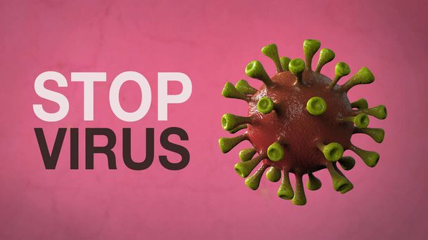 Stop Virus - Word Corona Virus Banner rot Isoliert mit farbigem Hintergrund. Mikrobiologie und Virologie Konzept Covid-19. Virenbanner. Krankheit und Epidemie. 3D rendern hohe Qualität - Foto, Bild