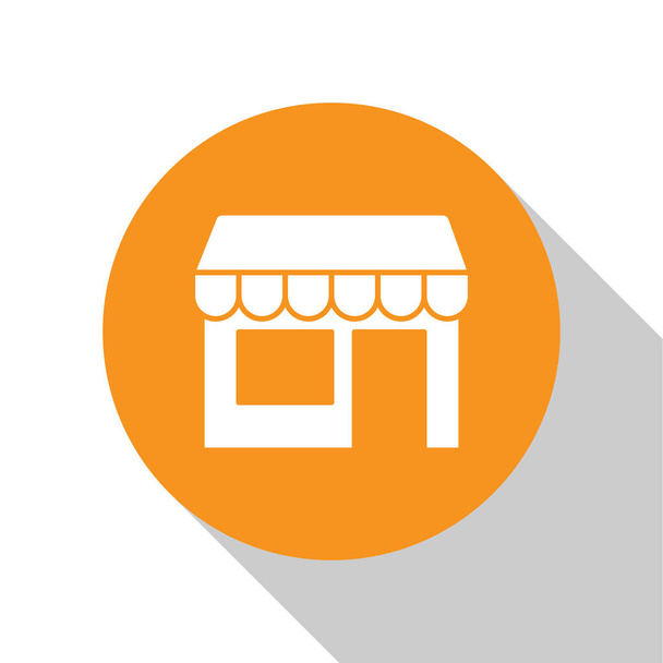 White Shopping Building oder Market Store Symbol isoliert auf weißem Hintergrund. Ladenbau. Orangefarbener Kreis. Vektor. - Vektor, Bild