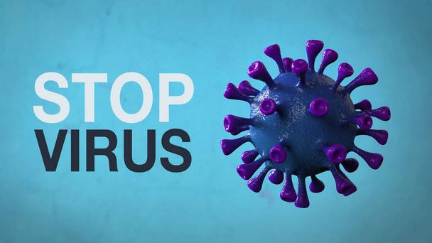 Stop Virus - Word Corona Virus Banner blau isoliert mit farbigem Hintergrund. Mikrobiologie und Virologie Konzept Covid-19. Virenbanner. Krankheit und Epidemie. 3D rendern hohe Qualität - Foto, Bild