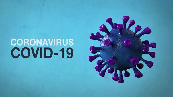 Coronavirus Covid-19 - Word Corona Virus Banner blau isoliert mit farbigem Hintergrund. Mikrobiologie und Virologie Konzept Covid-19. Virenbanner. Krankheit und Epidemie. 3D rendern hohe Qualität - Foto, Bild