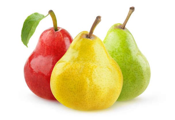 Frutos de pera aislados. Peras amarillas, verdes y rojas aisladas sobre fondo blanco
 - Foto, Imagen