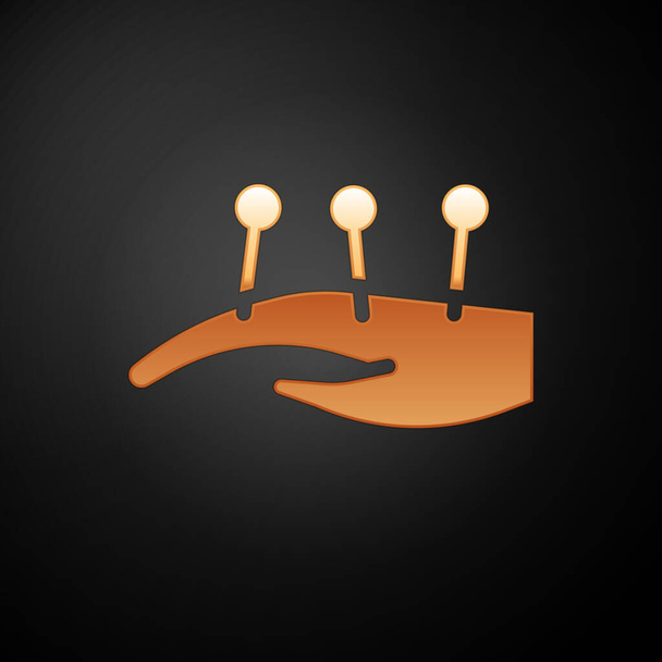 Gold Acupuncture therapy on the hand icon isolated on black background. Chinese medicine. Holistic pain management treatments.  Vector. - Vektori, kuva