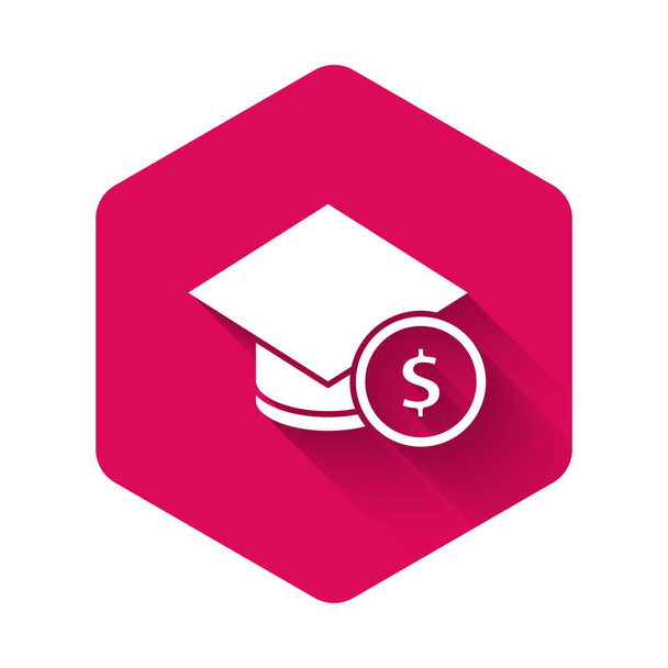 White Graduation cap and coin icon isolated with long shadow. Education and money. Concept of scholarship cost or loan, tuition or study fee. Pink hexagon button. Vector.. - Vector, Image