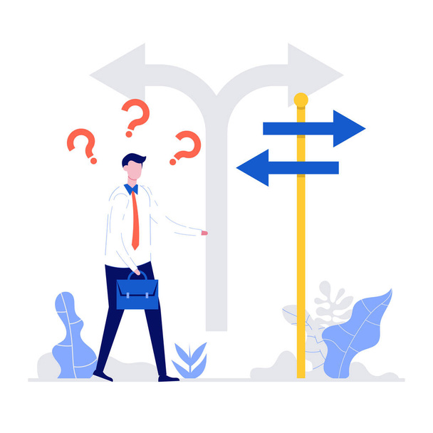 Confused businessman standing at a crossroads and looking directional sign arrows. Symbol for choice, career path or opportunities, business concept decision. Modern flat style illustration - Vector, Image