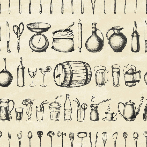 Set of silhouette kitchen tools and beverages. - Vector, Imagen