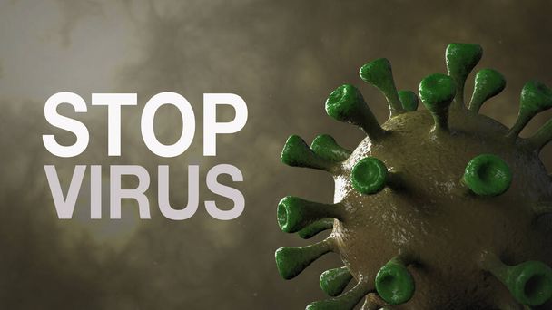Stop Virus - Word Corona Virus Banner Gelb Isoliert mit farbigem Hintergrund. Mikrobiologie und Virologie Konzept Covid-19. Virenbanner. Krankheit und Epidemie. 3D rendern hohe Qualität - Foto, Bild