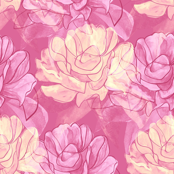 Peony seamless illustration.Watercolor composition with a graphic line. - 写真・画像