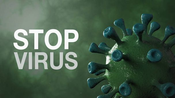 Stop Virus - Word Corona Virus Banner Grün Isoliert mit farbigem Hintergrund. Mikrobiologie und Virologie Konzept Covid-19. Virenbanner. Krankheit und Epidemie. 3D rendern hohe Qualität - Foto, Bild