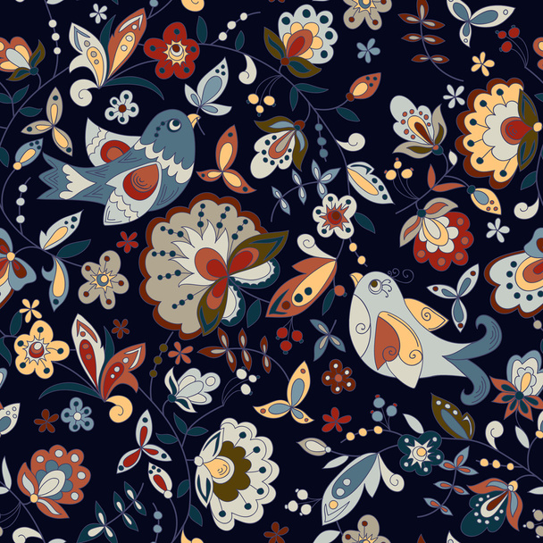 Seamless texture with birds and flowers on a dark background Can be used as a background picture, pattern fill, surface texture. Can be used as a figure for tissue - Вектор,изображение