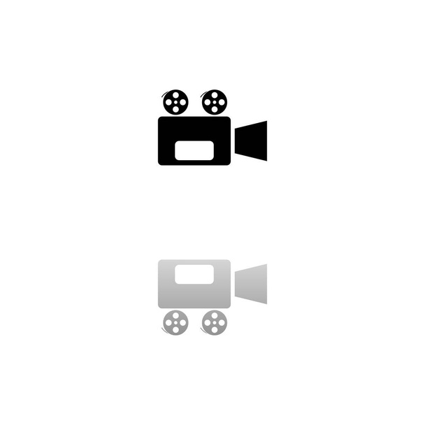 Elokuvakamera. Musta symboli valkoisella taustalla. Yksinkertainen kuva. Tasavektorikuvake. Peilien heijastusvarjo. Voidaan käyttää logo, web, mobiili ja UI UX projekti - Vektori, kuva