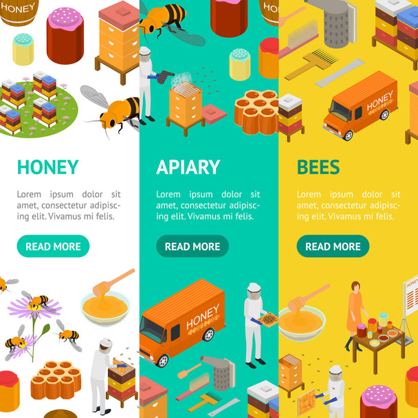 Apiary Concept Banner Vecrtical Set 3d Isometric View. Vector - Vector, imagen