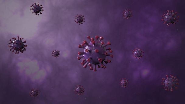 Корона с фиолетовым баннером на цветном фоне. Концепция микробиологии и вирусологии Covid-19. Вирусный баннер. Болезни и эпидемия. 3D рендеринг высокого качества
 - Фото, изображение