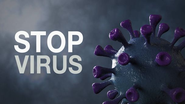 Stop Virus - Word Corona Virus Banner Dunkelblau Isoliert mit farbigem Hintergrund. Mikrobiologie und Virologie Konzept Covid-19. Virenbanner. Krankheit und Epidemie. 3D rendern hohe Qualität - Foto, Bild