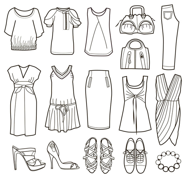 collection of women's clothing (vector illustration, coloring book) - Διάνυσμα, εικόνα