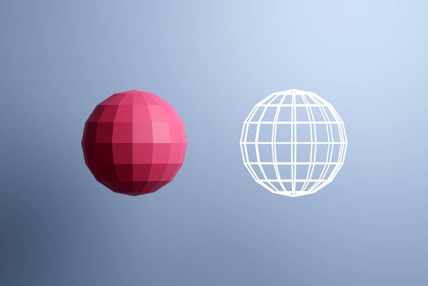 3d ilustracja różowej kuli, składającej się z dużej liczby wielokątów i obok przezroczystego kształtu kuli z białymi liniami. Futurystyczne origami, abstrakcyjne modelowanie. Cybernetyczny kształt kuli do stosowania w nauce i technice. - Zdjęcie, obraz
