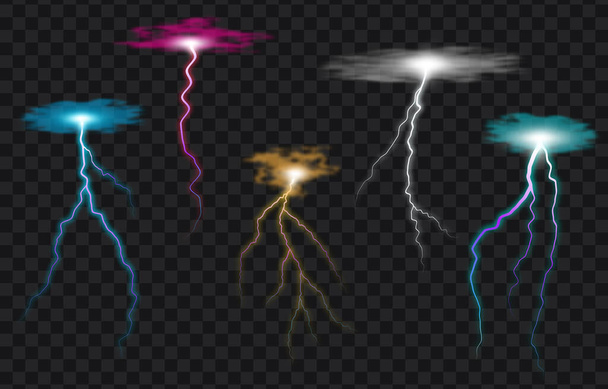 Farbige Blitz-Vektor auf transparentem Hintergrund eingestellt. Elektrische Entladungen, Blitze, die realistische Lichteffekte erzeugen. Stürmisches Wetter, starke Energiefreisetzung, Hochspannungsstreik - Vektor, Bild