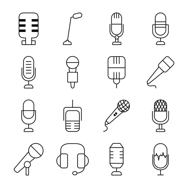 casque et kit d'icône de microphone rétro, style ligne - Vecteur, image