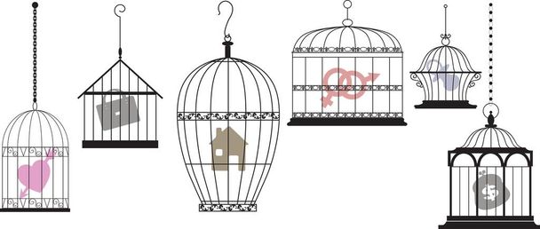 Symbols of personal interests and feelings locked in separate cages as a metaphor for a psychological compartmentalization, EPS 8 vector illustration - Vector, Image