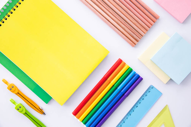 collection of bright colorful stationery on light background, close view   - Photo, Image