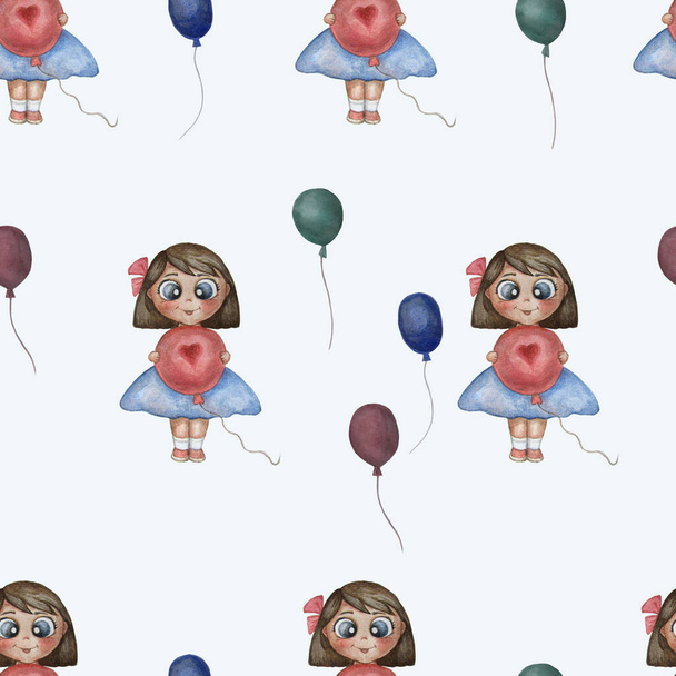 Seamless pattern Cute illustration of a beautiful girl with colorful balloons on a light background. Watercolor hand illustration. Can be used for baby design. High photo - Photo, Image
