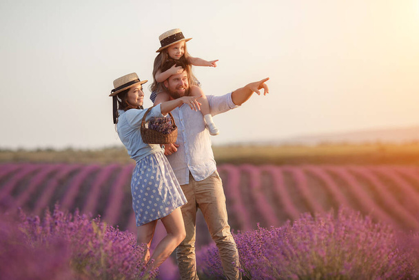 happy family in laveder field. mother, father and child in sunset light in blooming lavender - 写真・画像