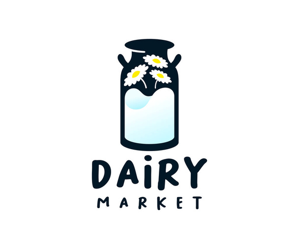 Mléčná konvice s mlékem a květinami, design loga. Mléko, jídlo, kravská farma a rancho, vektorový design a ilustrace - Vektor, obrázek
