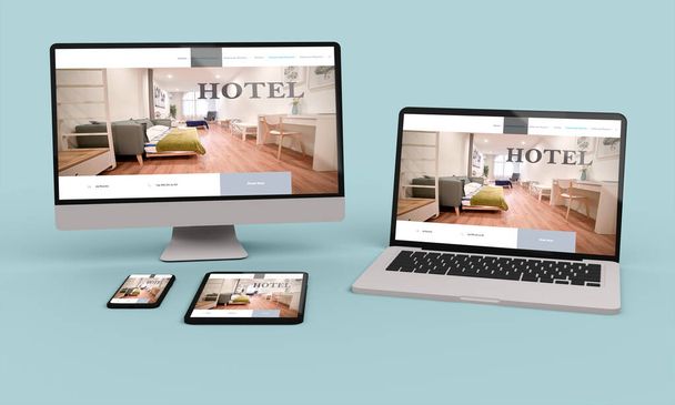Laptop, Mobiltelefon und Tablet 3D-Rendering zeigt Hotel-Responsive Web-Design .3d-Illustration - Foto, Bild