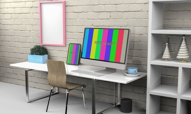 Computer und Tablet 3D-Rendering-Mockup .3d-Illustration - Foto, Bild