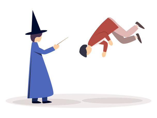 Tovenaar in een mantel en een heksenhoed, houdt een toverstaf in zijn hand. Vliegen met behulp van magie, levitatie. Vectorillustratie - Vector, afbeelding