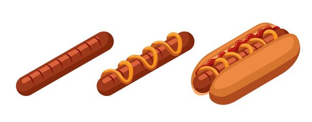 Isometric hot dog. Hot dog and sausage isolated on white background. - Vector, Image