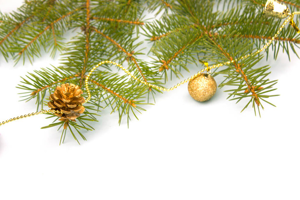 Holiday christmas background. Winter holiday composition with a New Year mood. Spruce and balls. Isolate Banner. copyspace - Fotó, kép