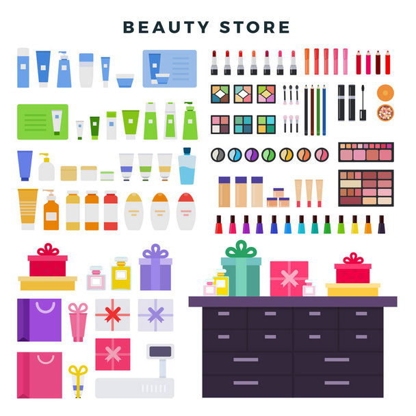 Beauty store with decorative and care cosmetics, big set of icons. Different cosmetics, gifts, creams, isolated on white background, vector illustration. - Вектор,изображение